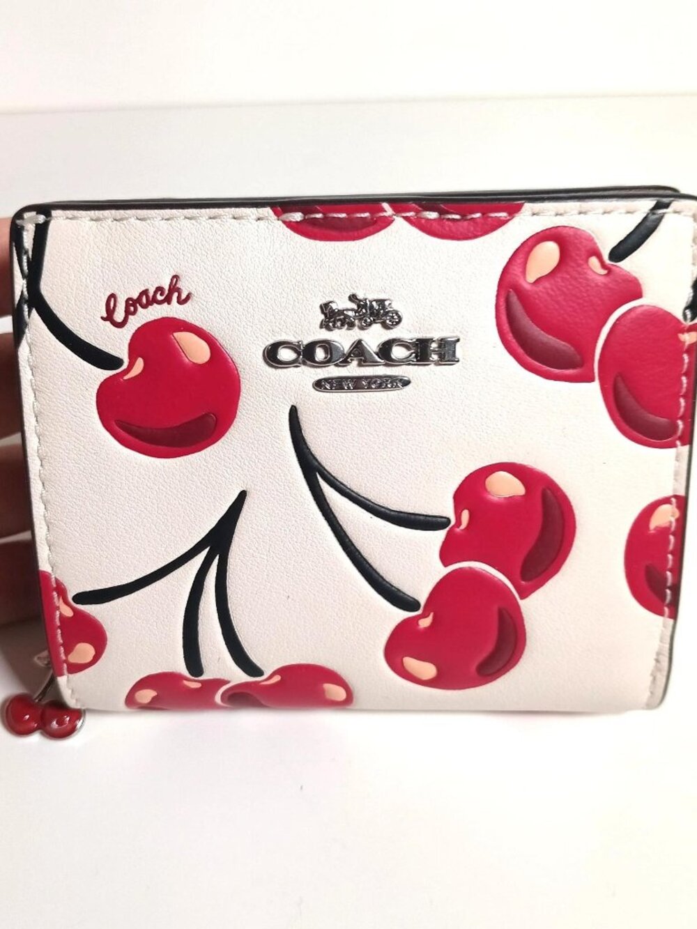 Coach Leather Small Snap Wallet With Cherry Print CZ618 Cherries Chalk Multi